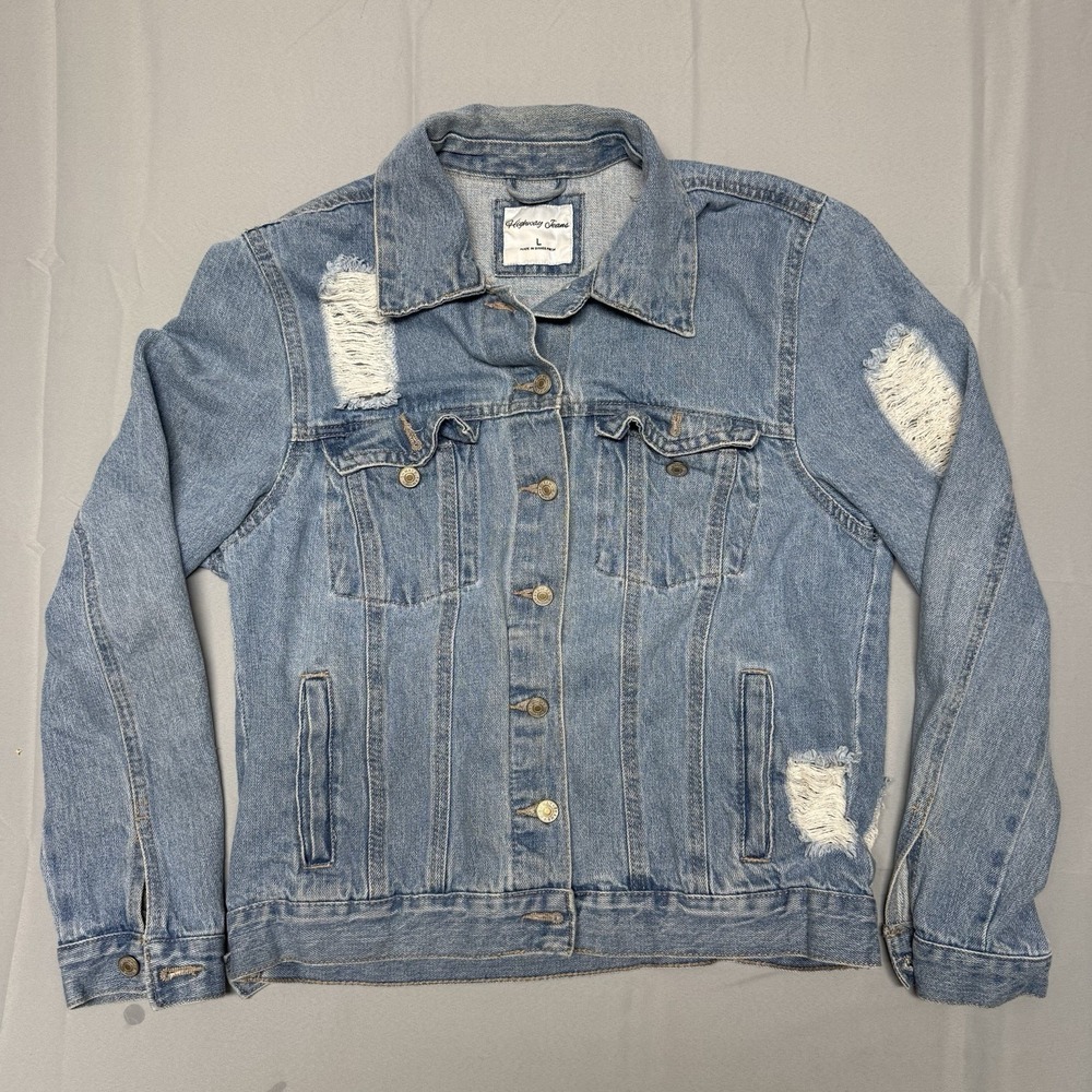 Highway Jean Womens Distressed Denim Jacket Size Large‎ Style Button Up